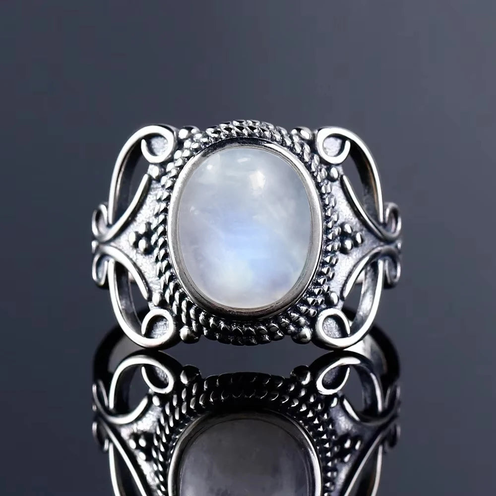 Vintage 925 Silver Ring Natural Moonstone Flower Ring