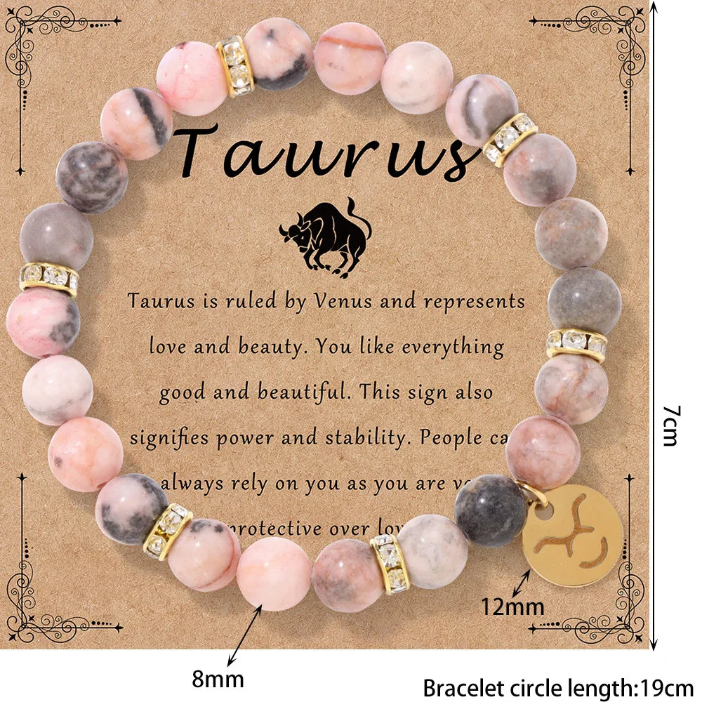 Zodiac Sign Pink Zebra Stone Beaded Bracelets