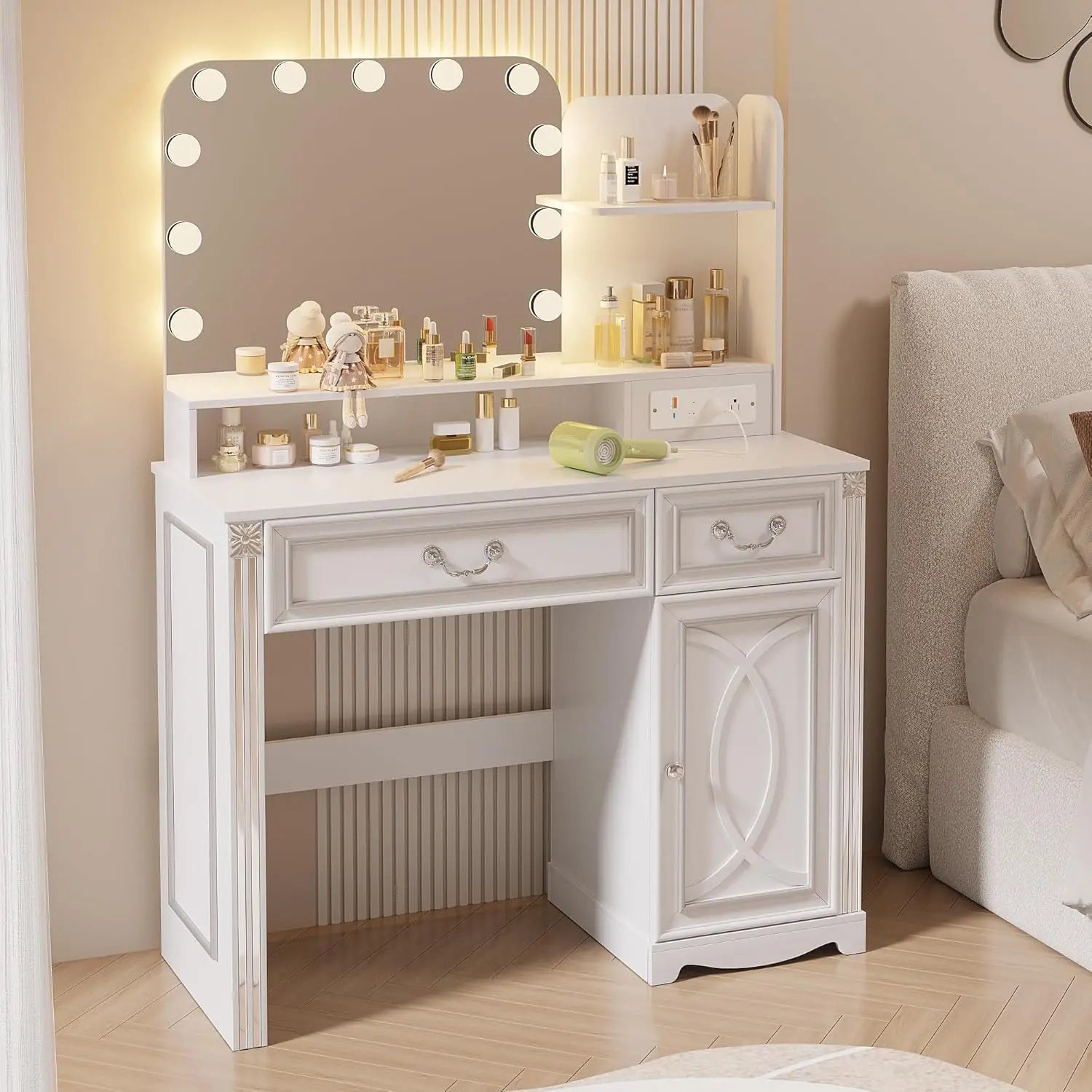 Vanity Desk with Mirror and Lights Power Outlet