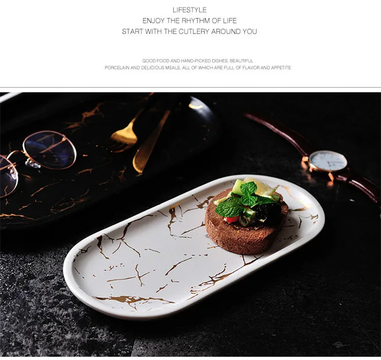 Nordic Luxury Marble Glazed Golden Pattern Ceramic Plate