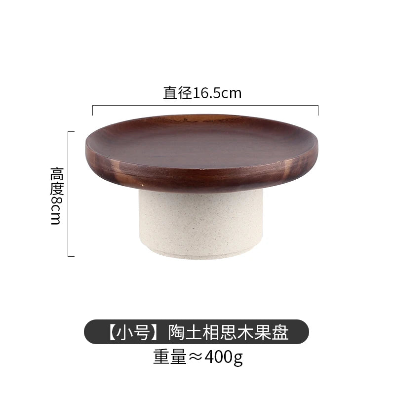Wood Round Stand Tray Ceramic Plate