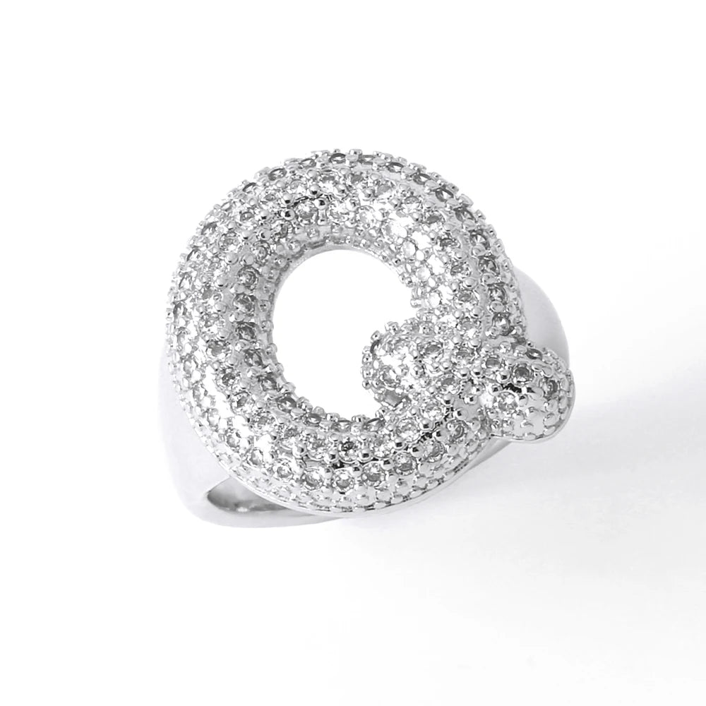 Silver Color Crystal A-Z 26 Letters Statement Rings