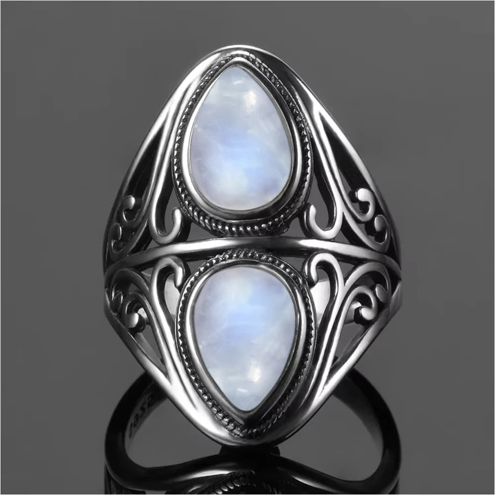 Vintage 925 Silver Ring Natural Moonstone Flower Ring