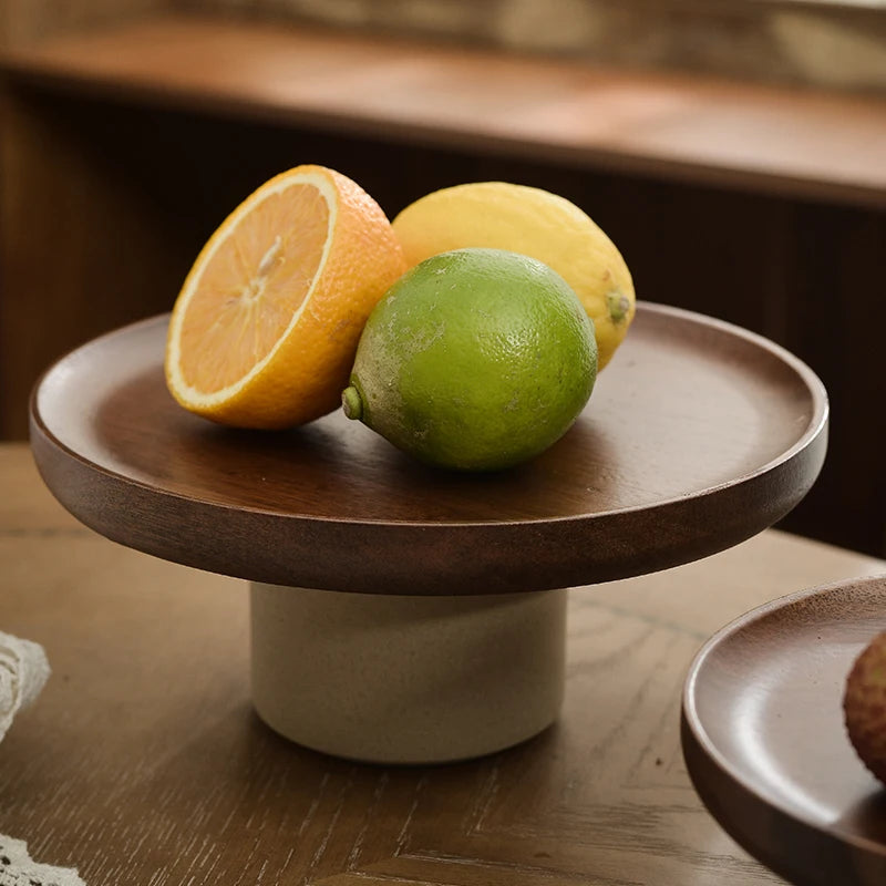 Wood Round Stand Tray Ceramic Plate