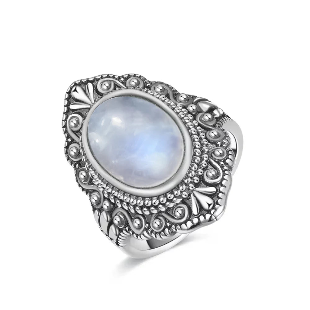 Vintage 925 Silver Ring Natural Moonstone Flower Ring