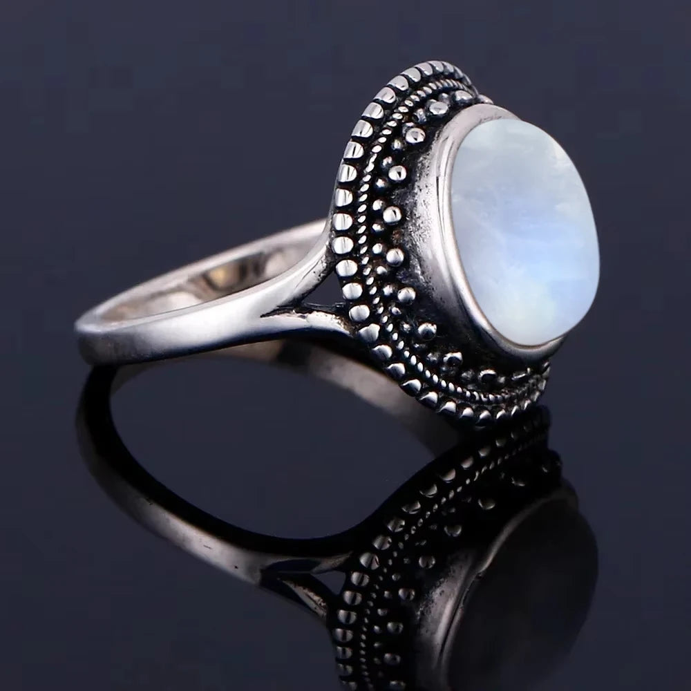 Vintage 925 Silver Ring Natural Moonstone Flower Ring