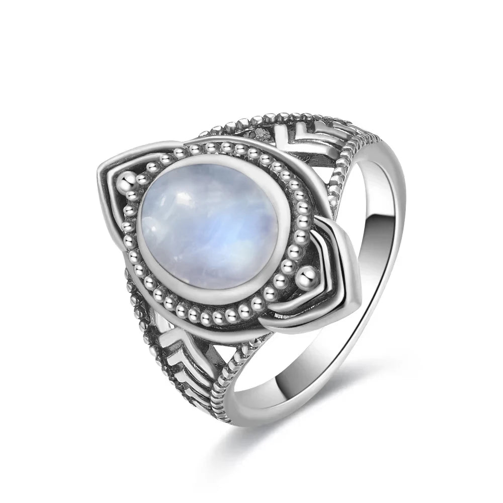 Vintage 925 Silver Ring Natural Moonstone Flower Ring