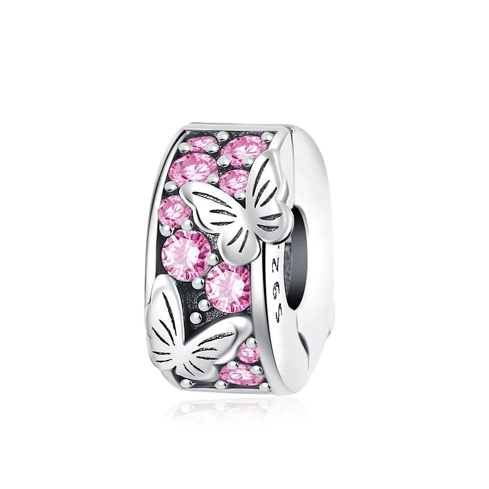 925 Silver Pink Series Bow Zircon Flower Bead Charm