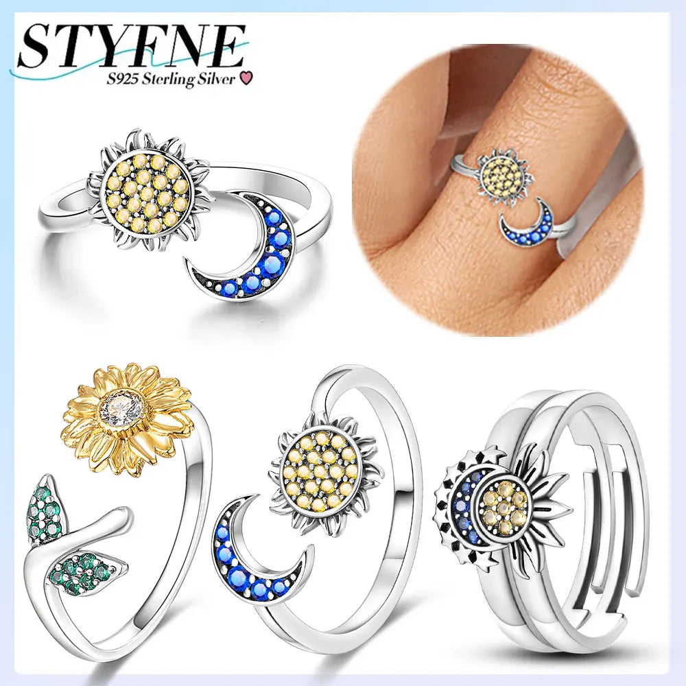 Sterling Silver 925 Plated Golden Sun and Moon Opening ring