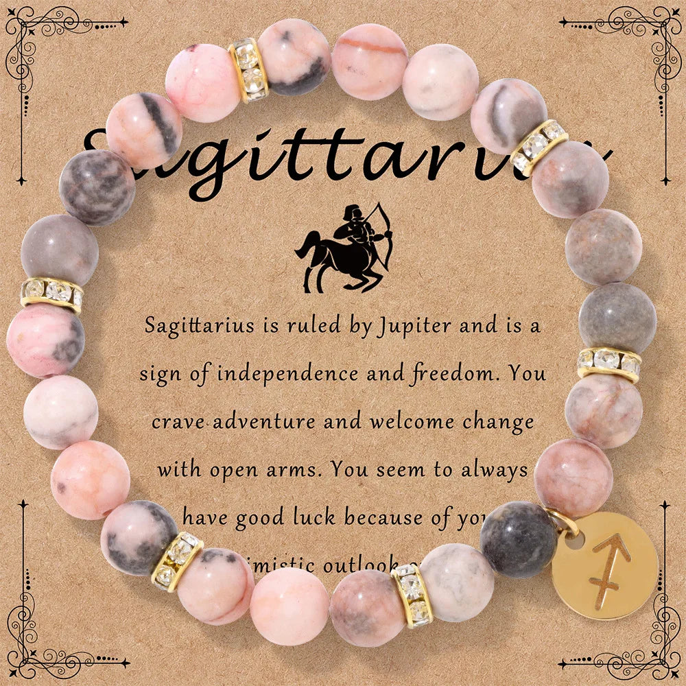 Zodiac Sign Pink Zebra Stone Beaded Bracelets