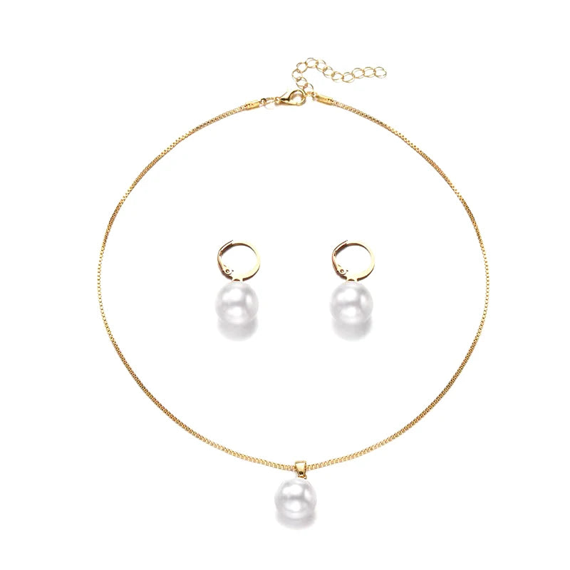 2 Pieces Of Round Pearl Jewelry Set with Earrings & Necklaces