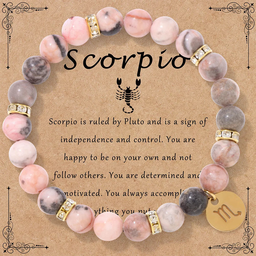 Zodiac Sign Pink Zebra Stone Beaded Bracelets