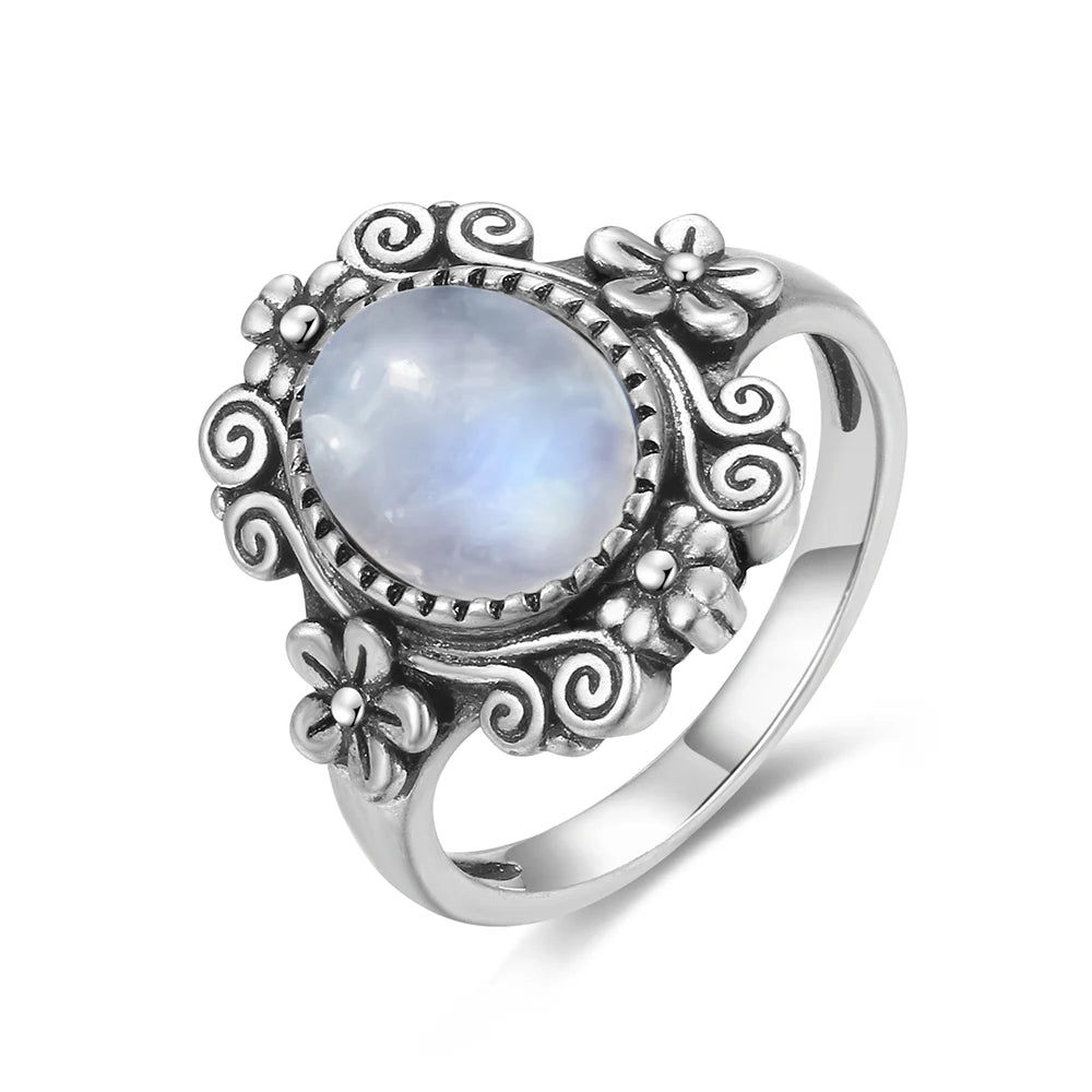 Vintage 925 Silver Ring Natural Moonstone Flower Ring