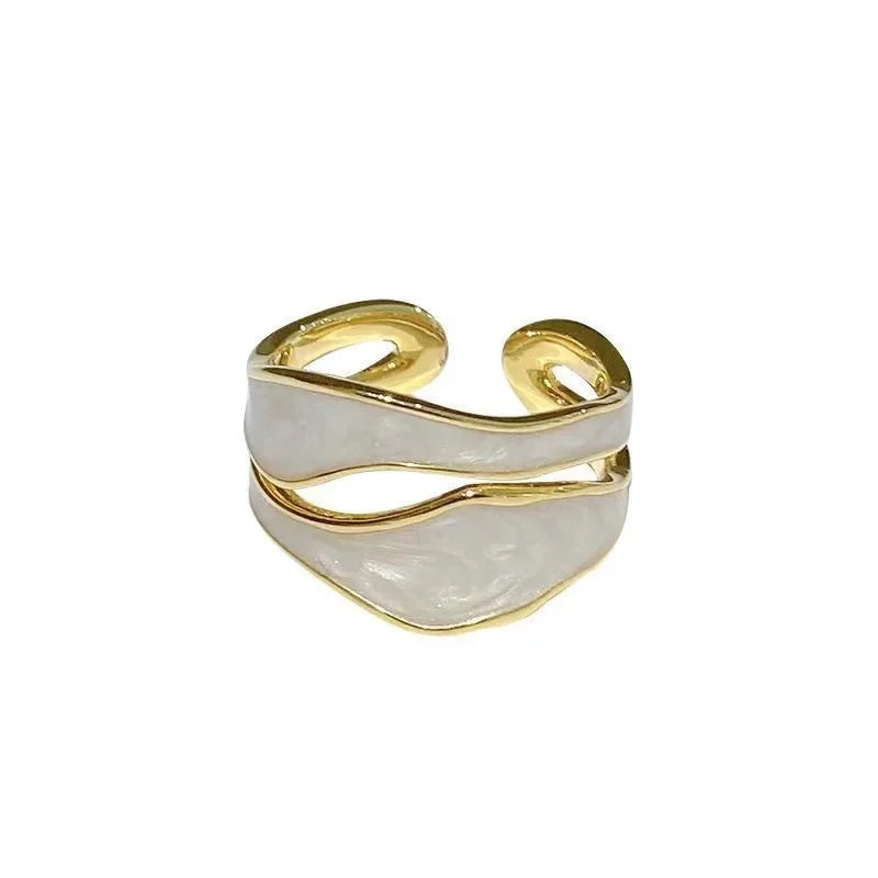 LATS Vintage White Enamel Metal Irregular Shape Geometric Open Adjustable Ring
