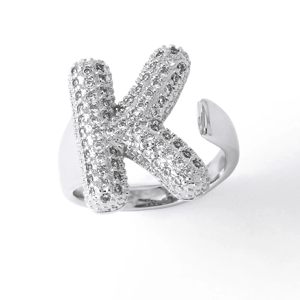 Silver Color Crystal A-Z 26 Letters Statement Rings