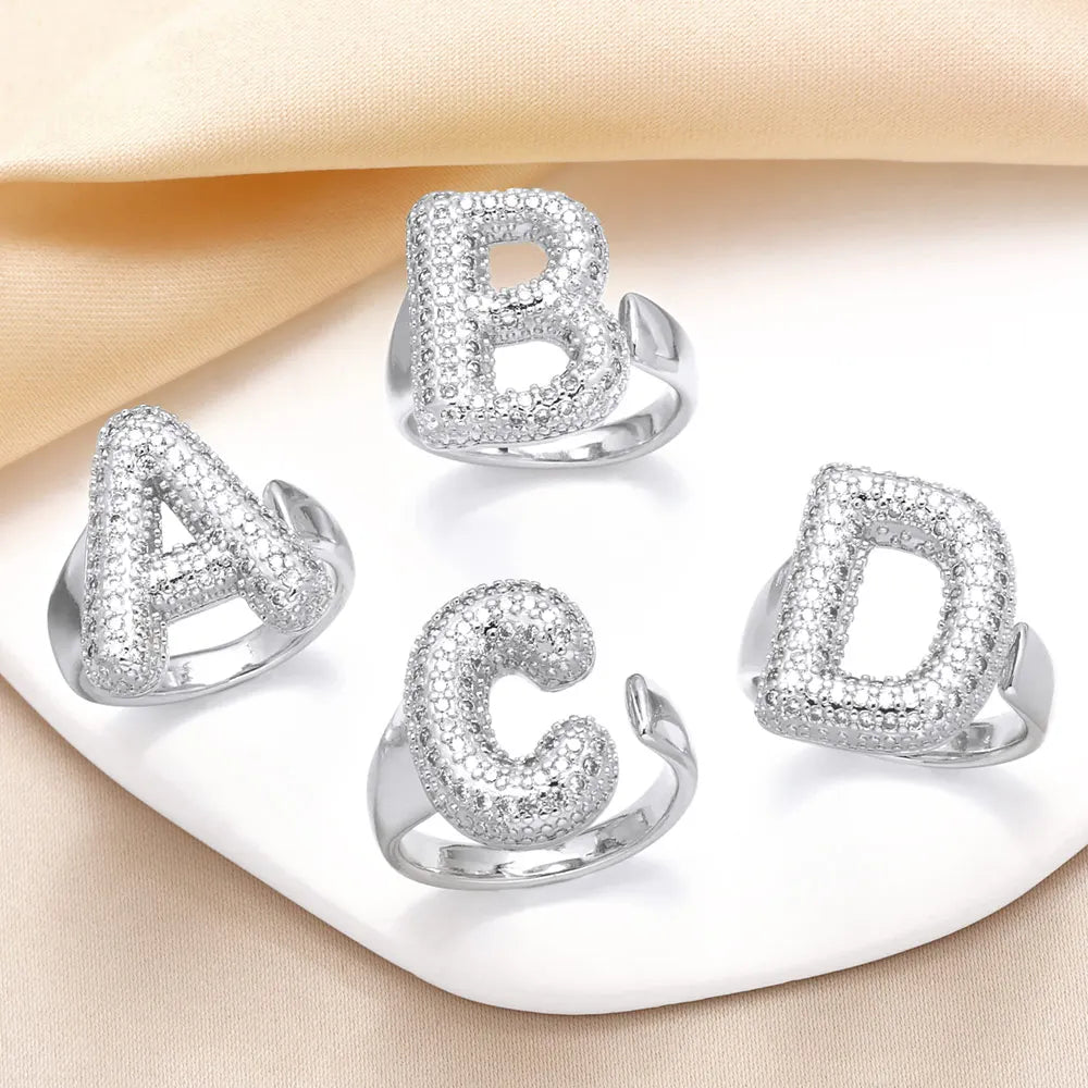 Silver Color Crystal A-Z 26 Letters Statement Rings