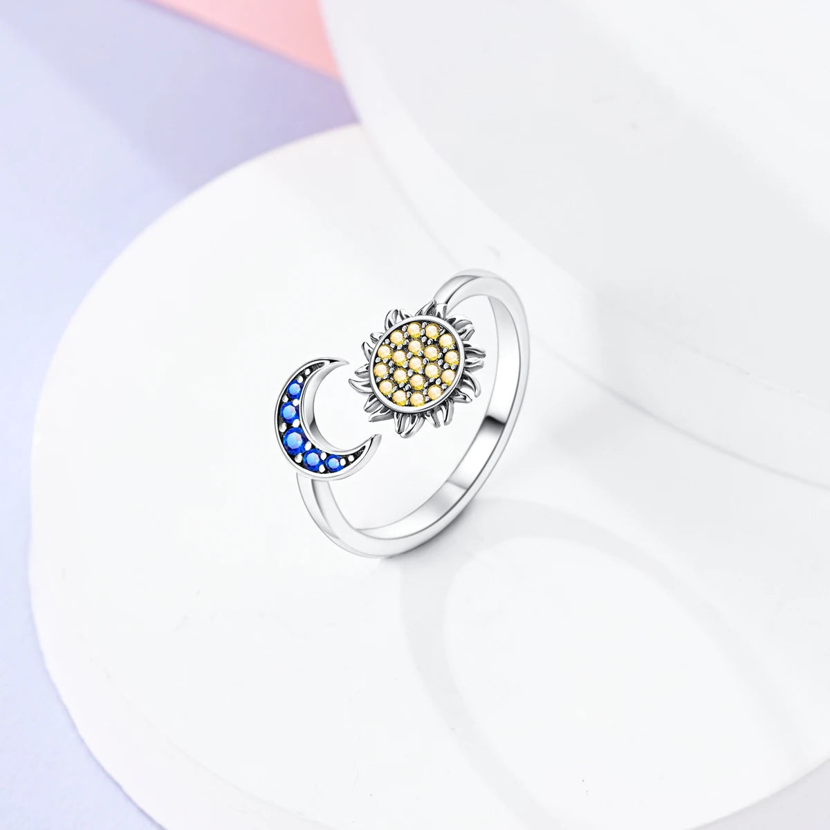 Sterling Silver 925 Plated Golden Sun and Moon Opening ring