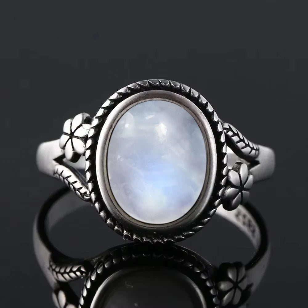 Vintage 925 Silver Ring Natural Moonstone Flower Ring
