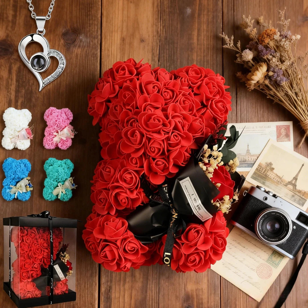 Rose Teddy Bear with I Love You Necklace