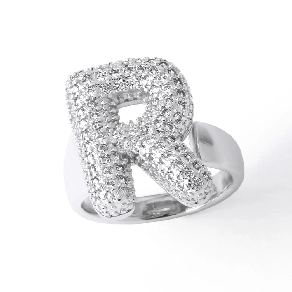 Silver Color Crystal A-Z 26 Letters Statement Rings