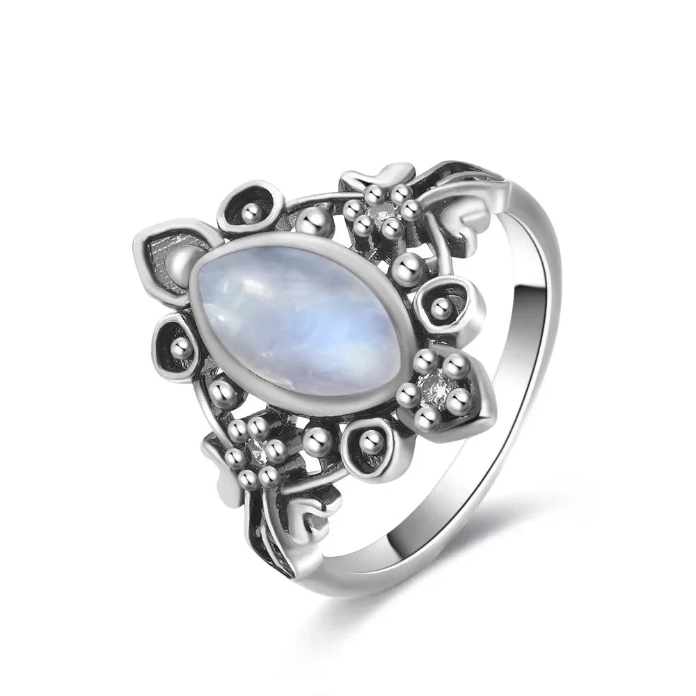 Vintage 925 Silver Ring Natural Moonstone Flower Ring