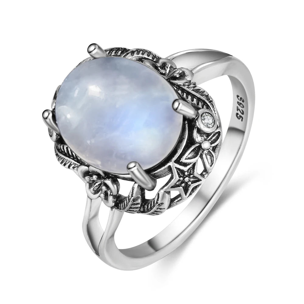 Vintage 925 Silver Ring Natural Moonstone Flower Ring