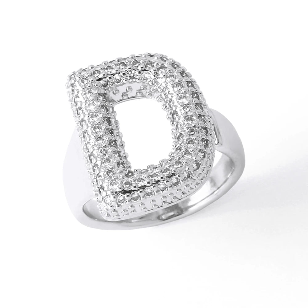 Silver Color Crystal A-Z 26 Letters Statement Rings