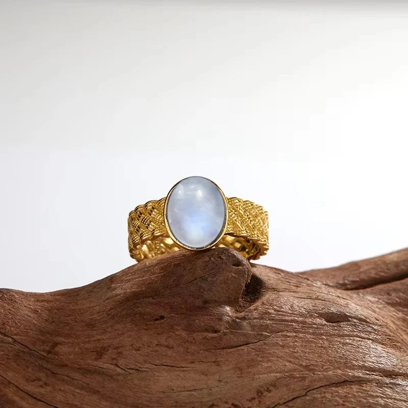 Vintage 925 Silver Ring Natural Moonstone Flower Ring