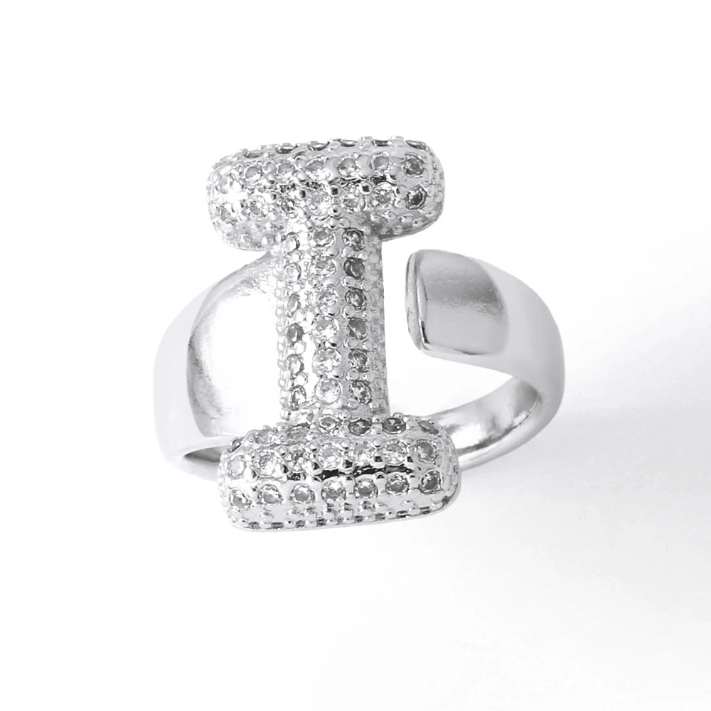 Silver Color Crystal A-Z 26 Letters Statement Rings