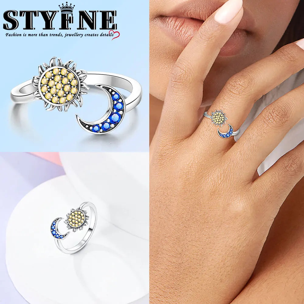 Sterling Silver 925 Plated Golden Sun and Moon Opening ring