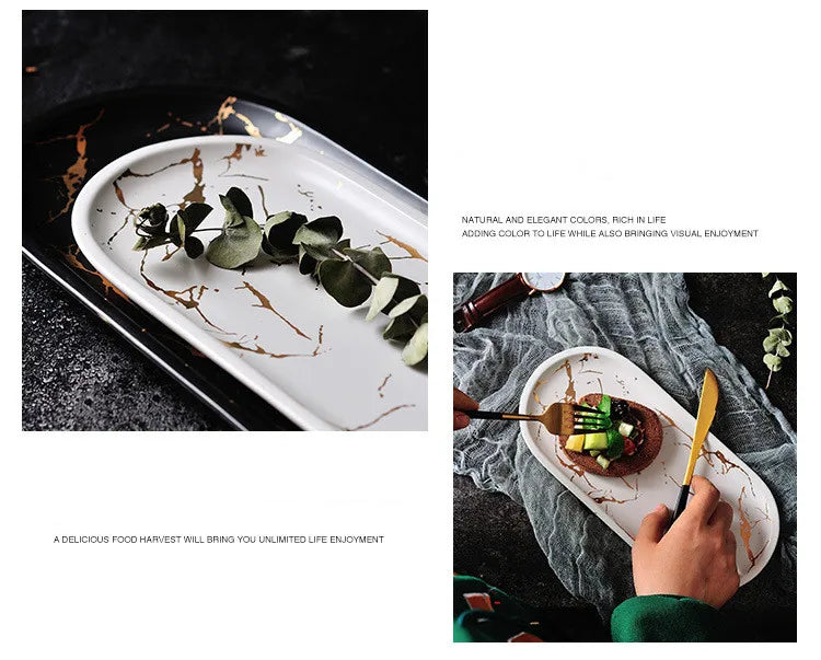 Nordic Luxury Marble Glazed Golden Pattern Ceramic Plate