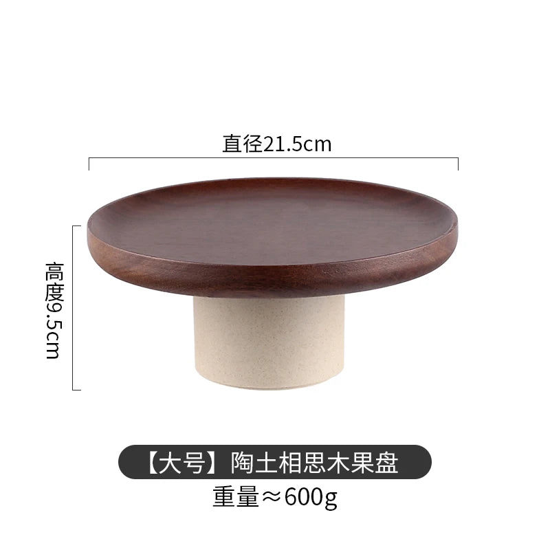 Wood Round Stand Tray Ceramic Plate