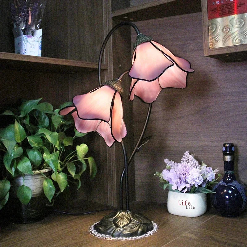 Lotus Flower Art Glass Bedside Table Lamp