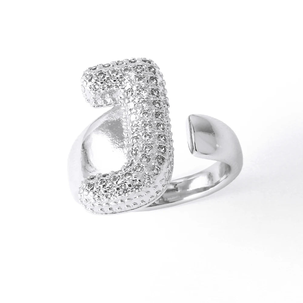 Silver Color Crystal A-Z 26 Letters Statement Rings