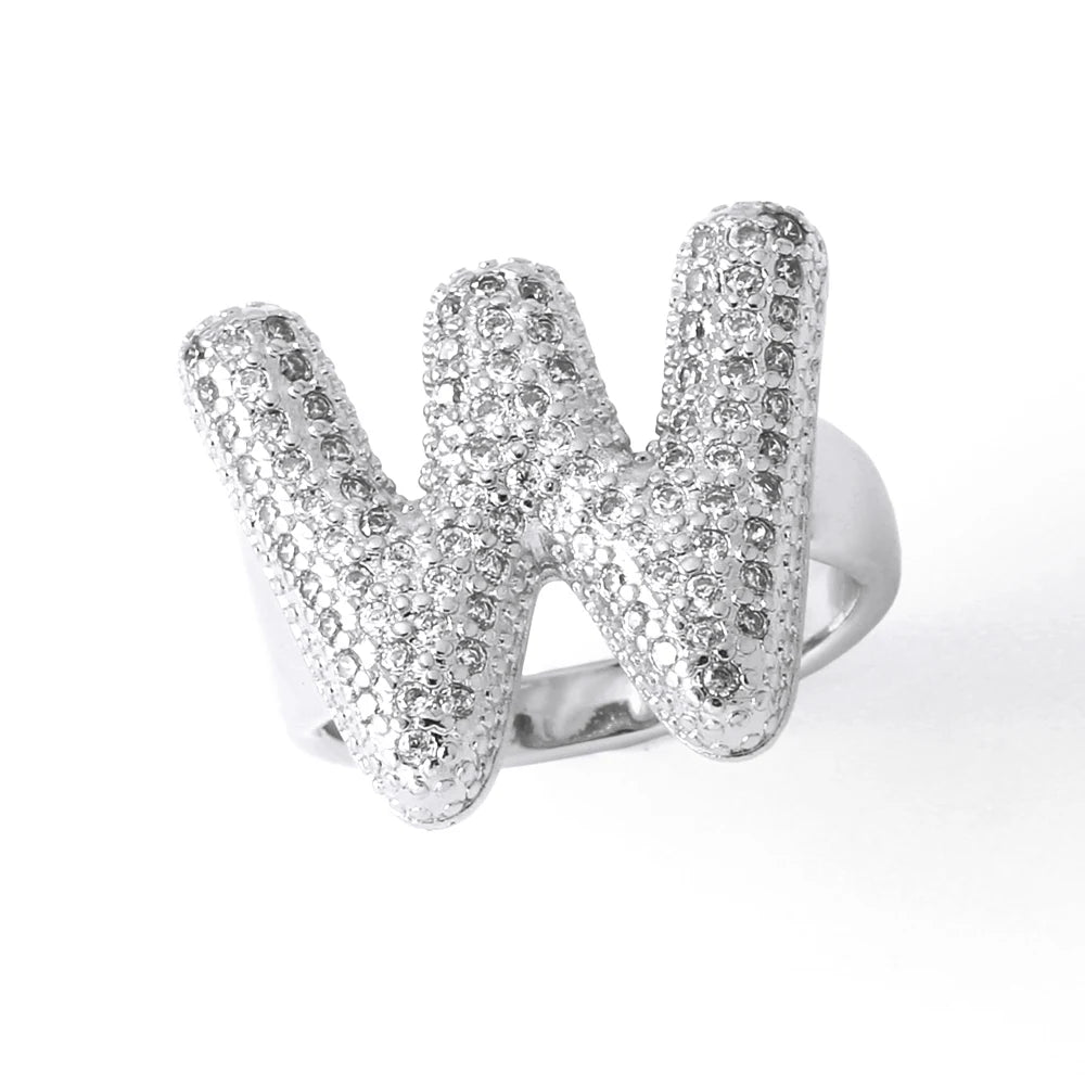 Silver Color Crystal A-Z 26 Letters Statement Rings