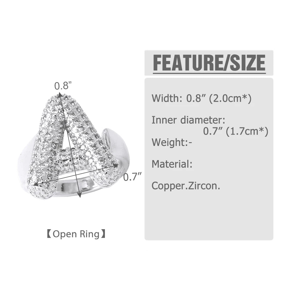 Silver Color Crystal A-Z 26 Letters Statement Rings