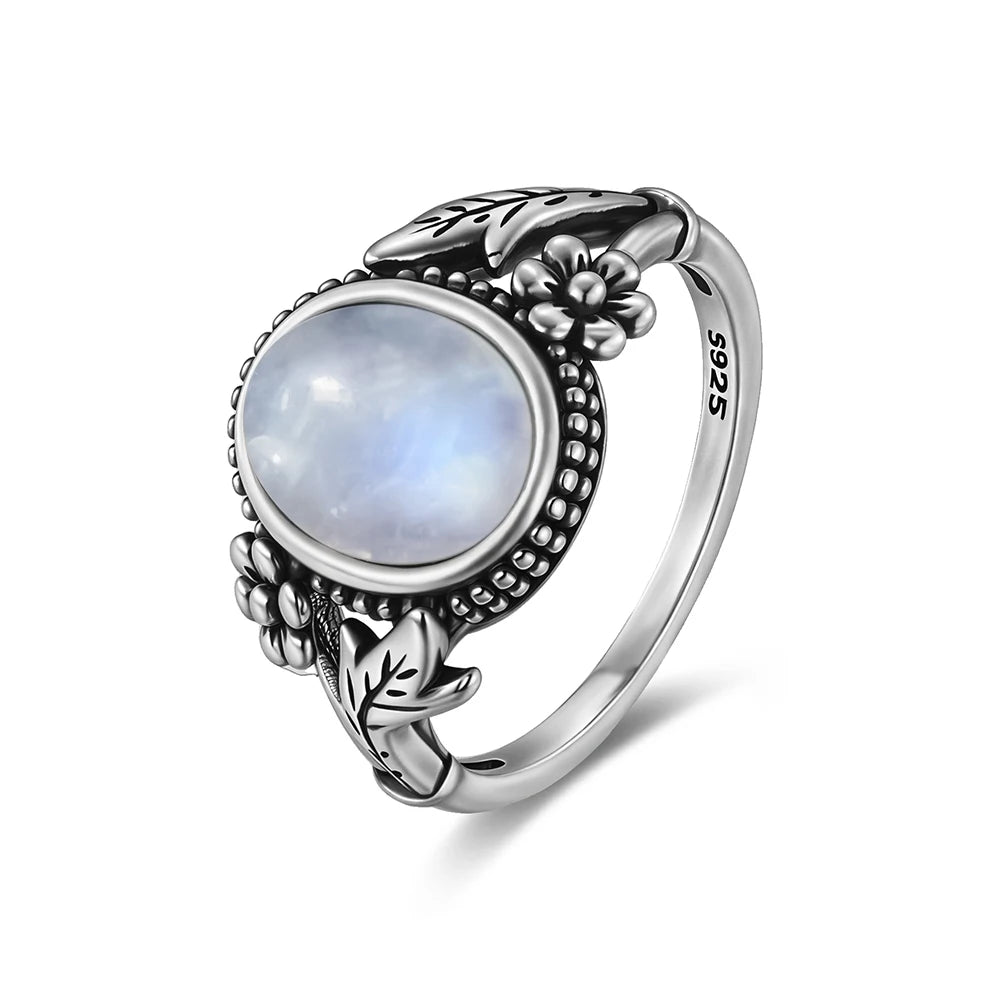 Vintage 925 Silver Ring Natural Moonstone Flower Ring