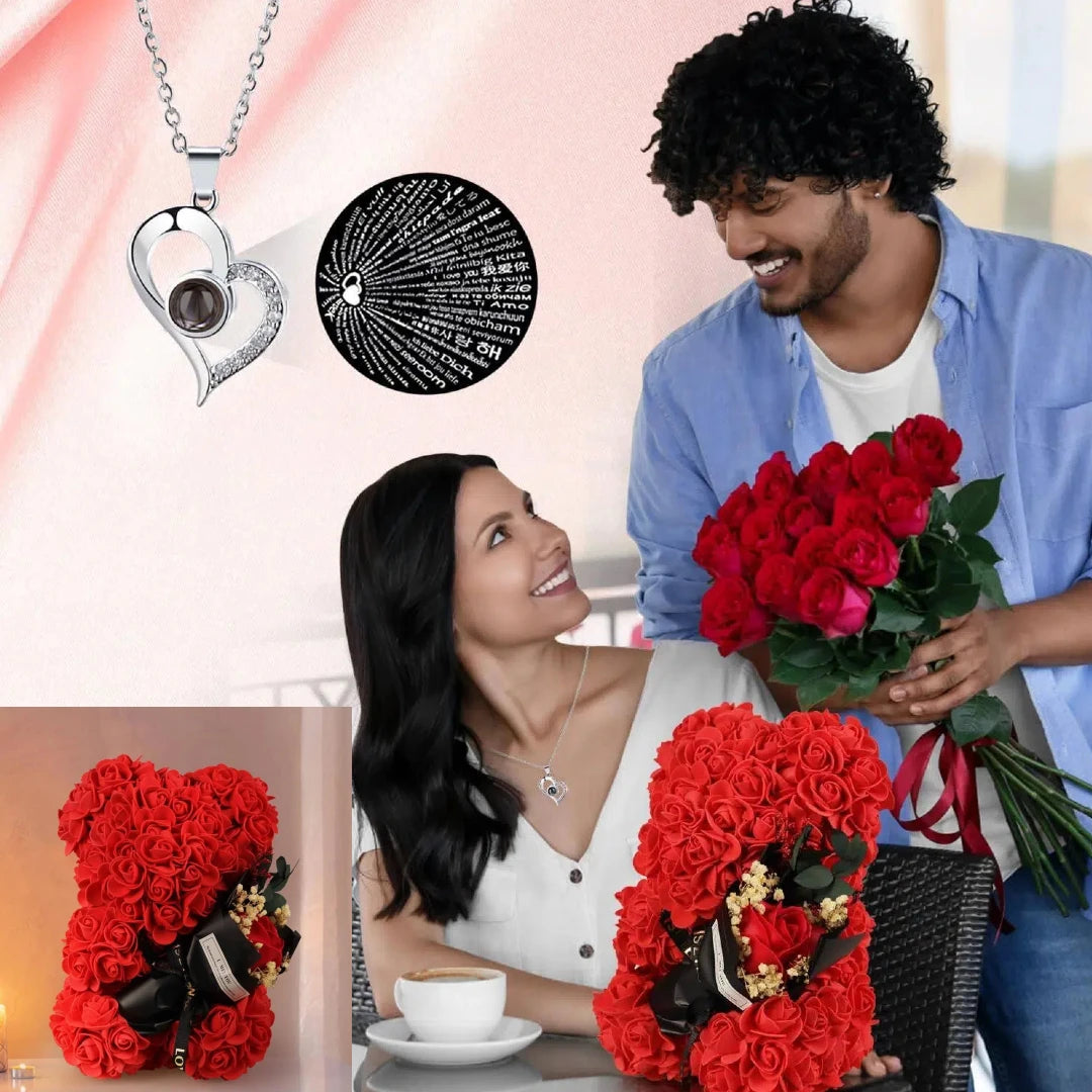 Rose Teddy Bear with I Love You Necklace