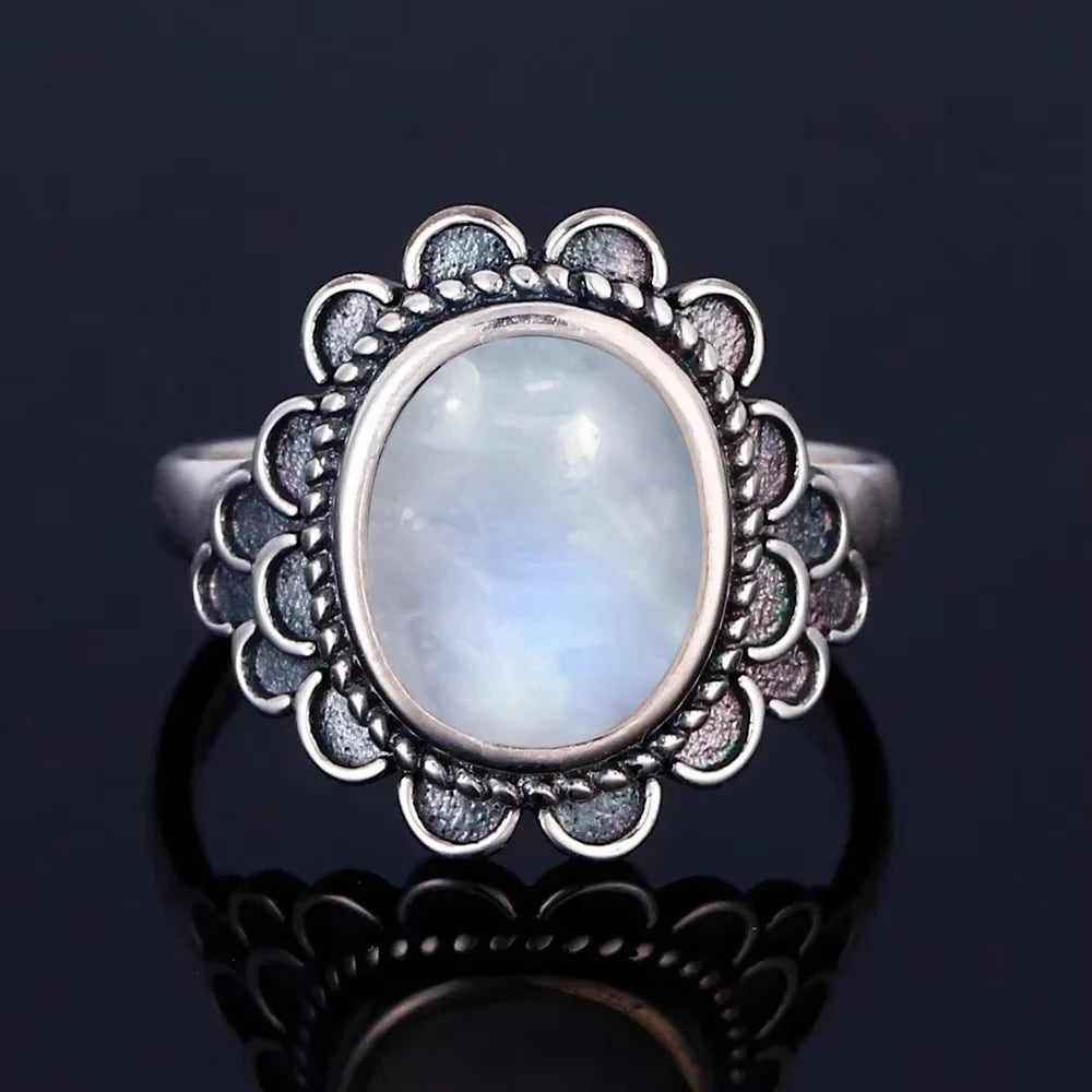 Vintage 925 Silver Ring Natural Moonstone Flower Ring