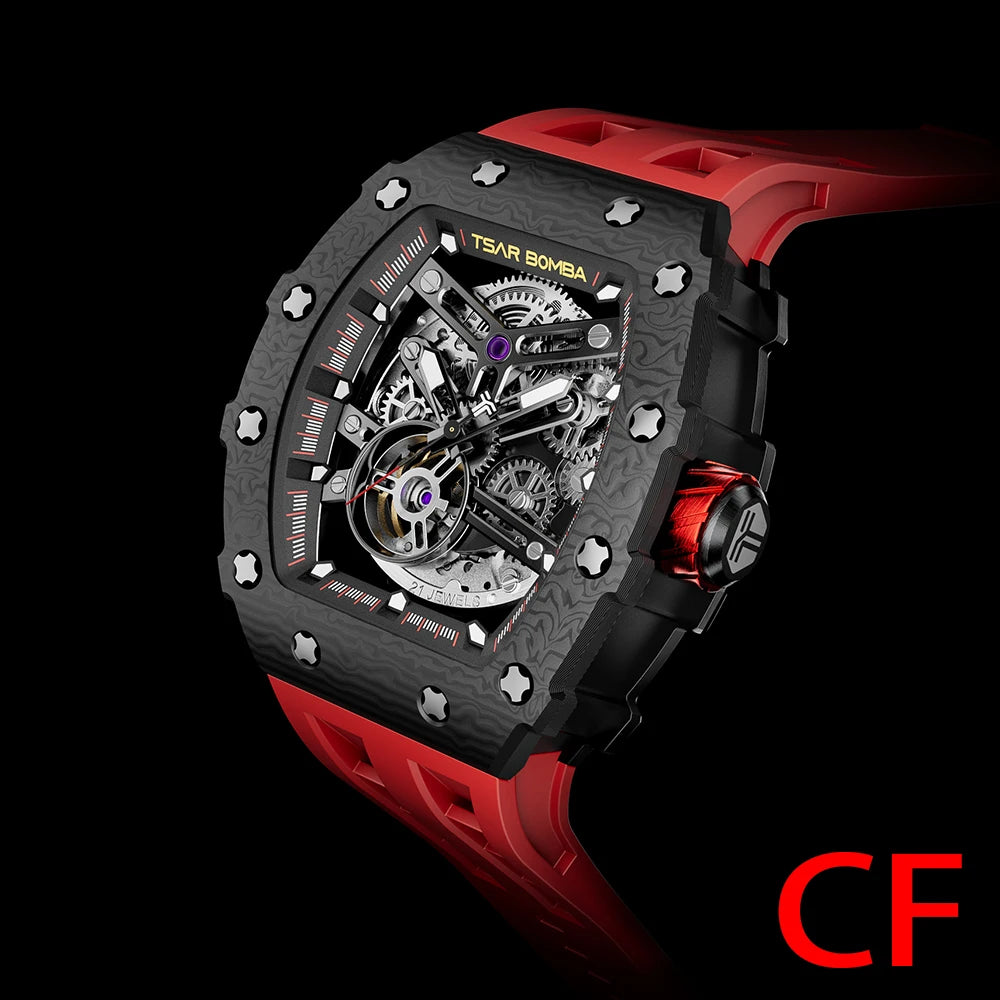 Mens MIYOTA Movement Skeleton Tonneau Waterproof Mechanical Watch