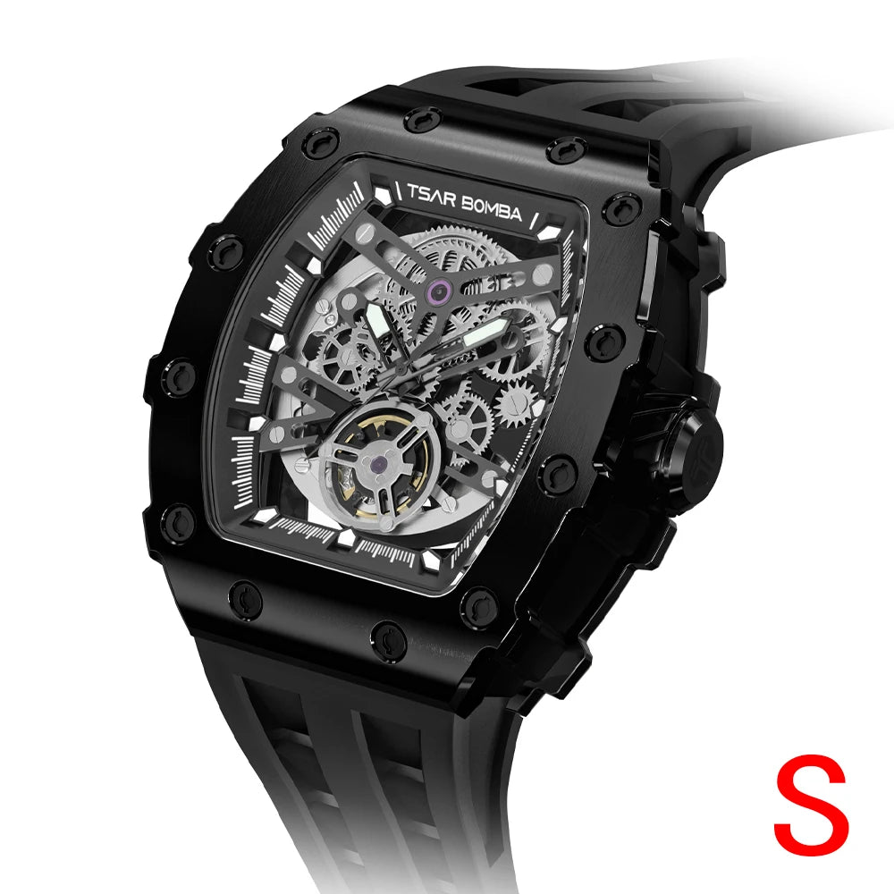 Mens MIYOTA Movement Skeleton Tonneau Waterproof Mechanical Watch