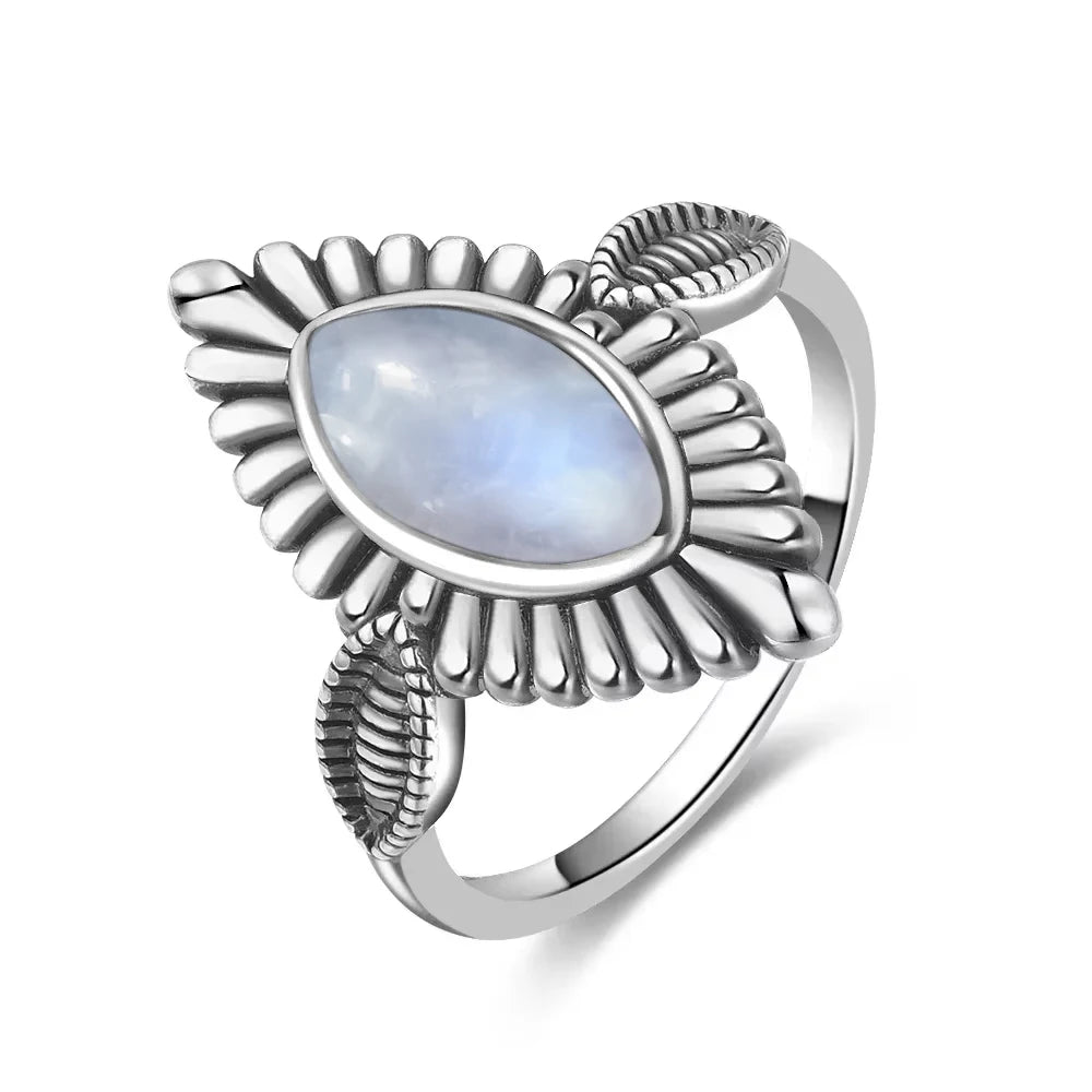 Vintage 925 Silver Ring Natural Moonstone Flower Ring