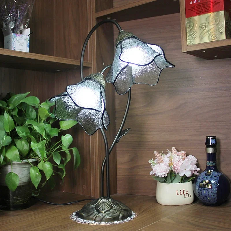Lotus Flower Art Glass Bedside Table Lamp