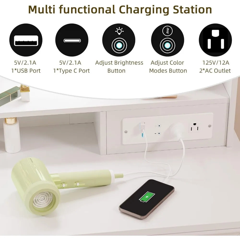Vanity Desk with Mirror and Lights Power Outlet