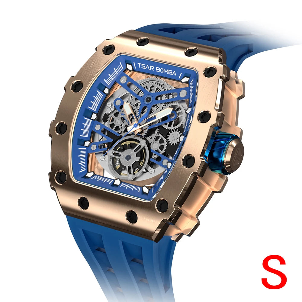 Mens MIYOTA Movement Skeleton Tonneau Waterproof Mechanical Watch