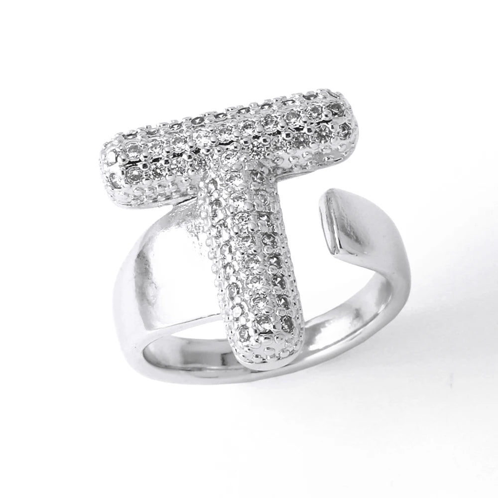 Silver Color Crystal A-Z 26 Letters Statement Rings
