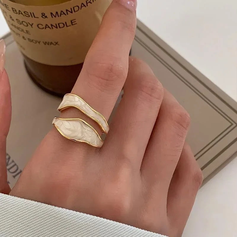 LATS Vintage White Enamel Metal Irregular Shape Geometric Open Adjustable Ring