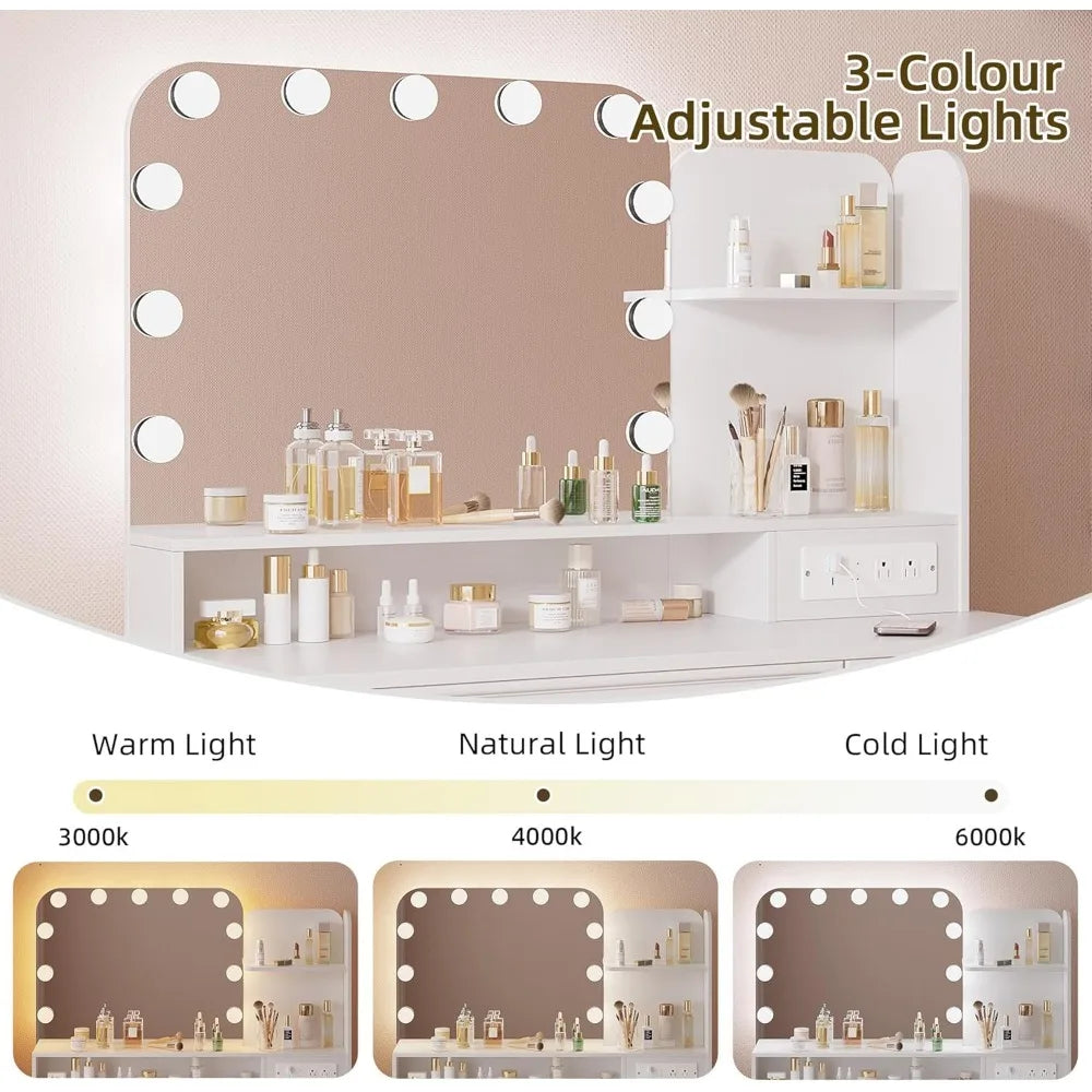 Vanity Desk with Mirror and Lights Power Outlet
