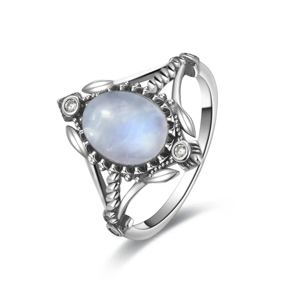 Vintage 925 Silver Ring Natural Moonstone Flower Ring